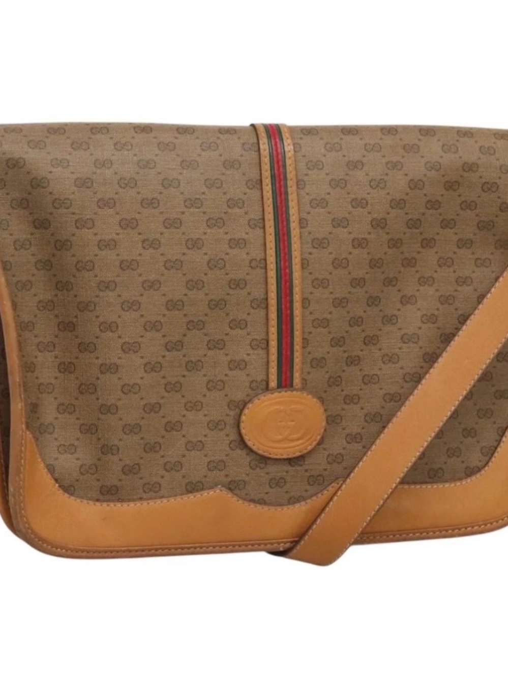 Gucci Brown GG Canvas Messenger with Tan Leather and Red-Green Stripe